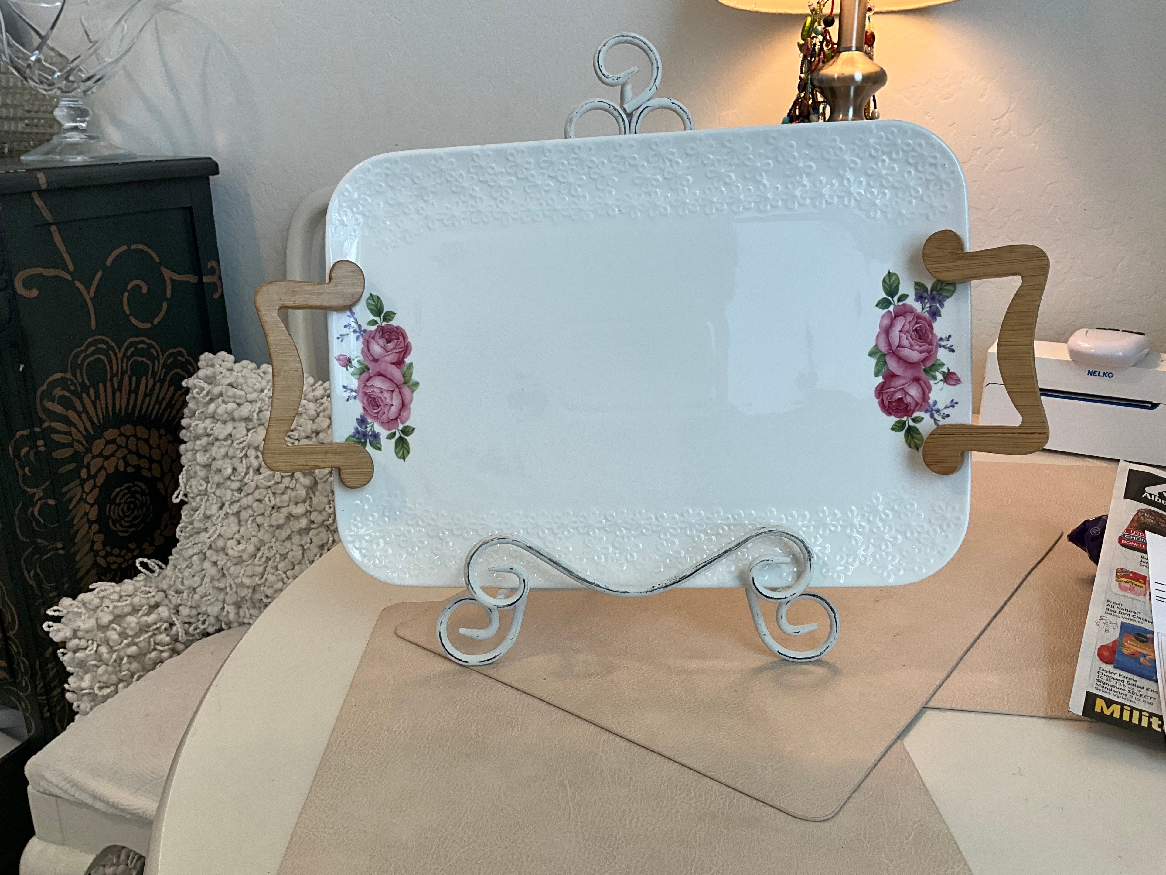 Vintage Pink Rose Embossed Glazed White Porcelain Platter, Wooden Handles