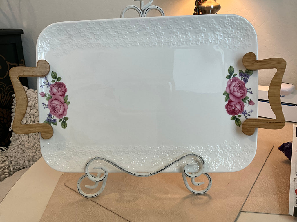 Vintage Pink Rose Embossed Glazed White Porcelain Platter, Wooden Handles