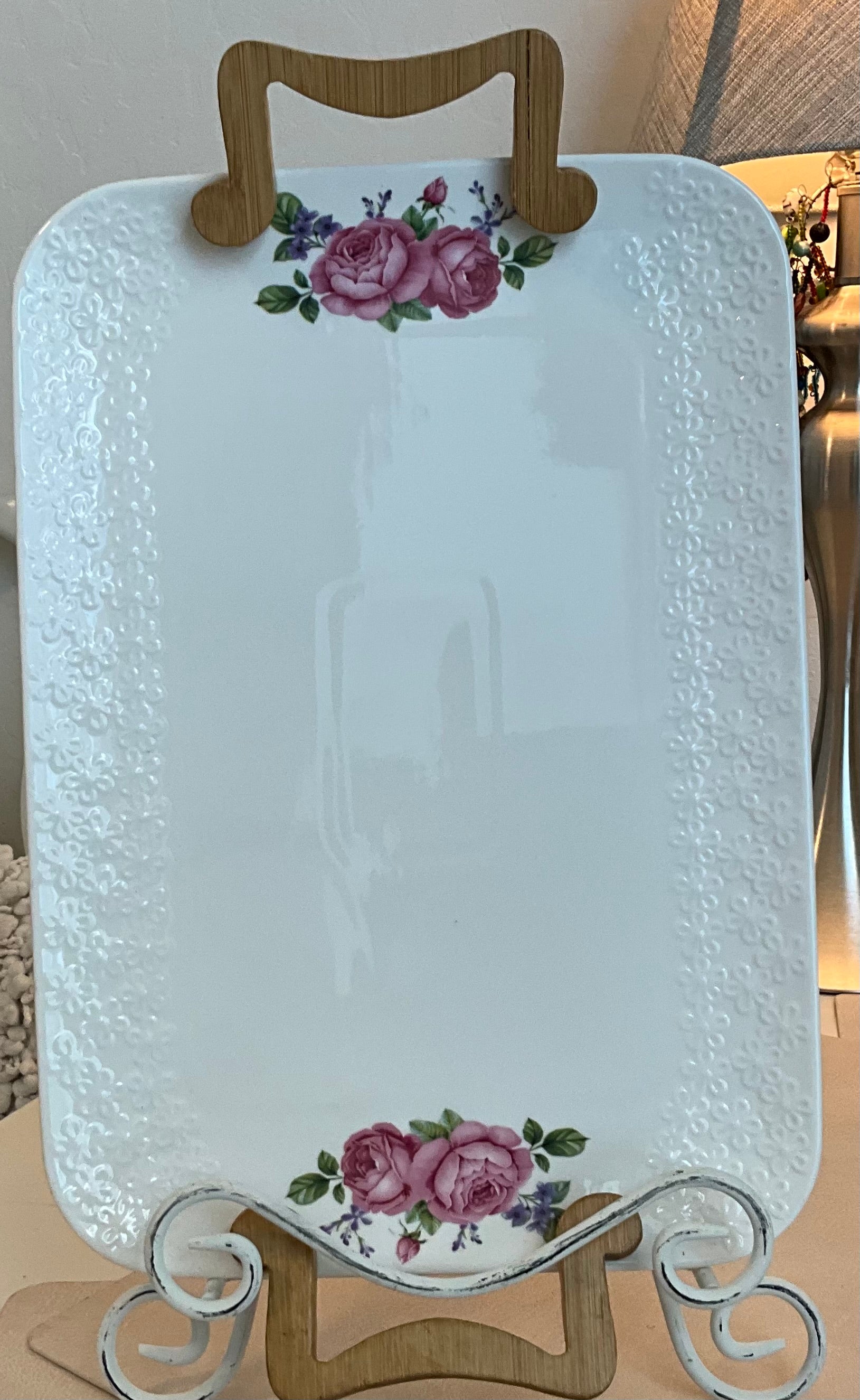 Vintage Pink Rose Embossed Glazed White Porcelain Platter, Wooden Handles