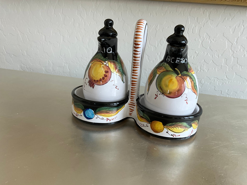 Authentic Tuscany Italian Artist Ter. Fravolini Black & Yellow 5 Piece Cruet Set