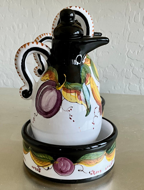 Authentic Tuscany Italian Artist Ter. Fravolini Black & Yellow 5 Piece Cruet Set