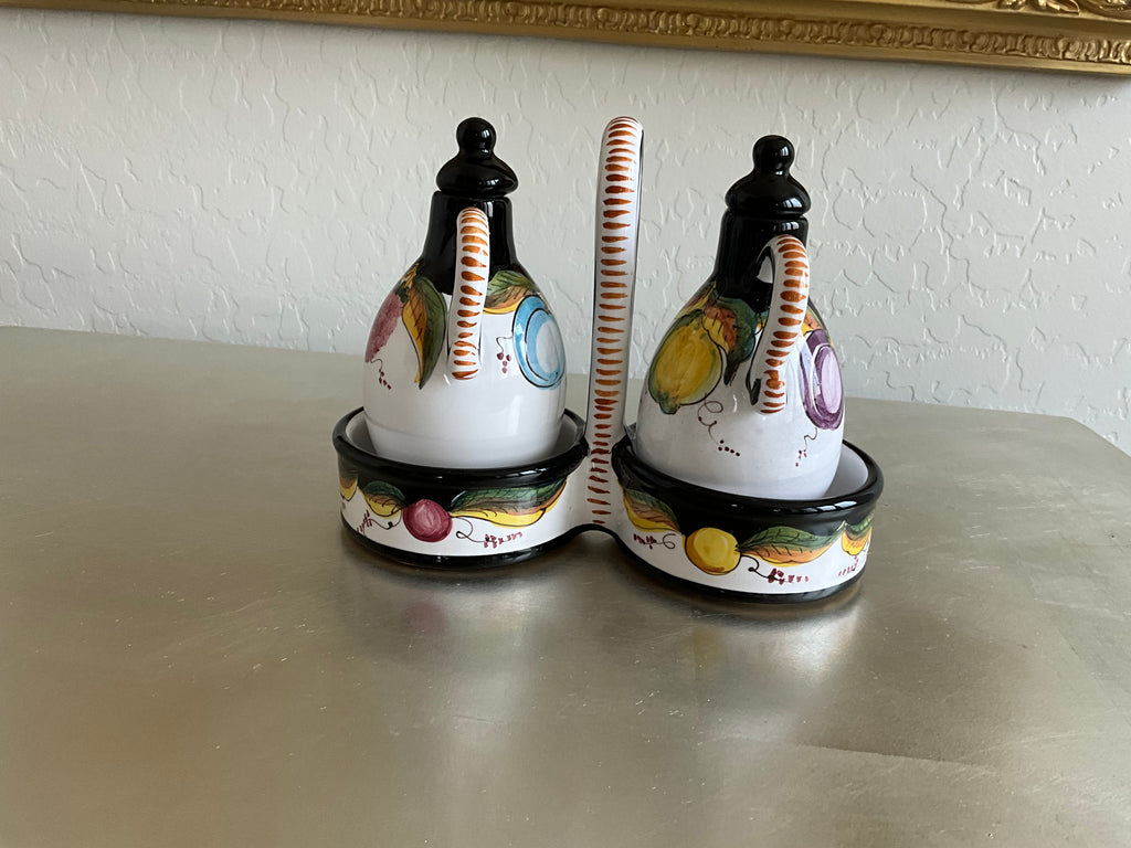 Authentic Tuscany Italian Artist Ter. Fravolini Black & Yellow 5 Piece Cruet Set