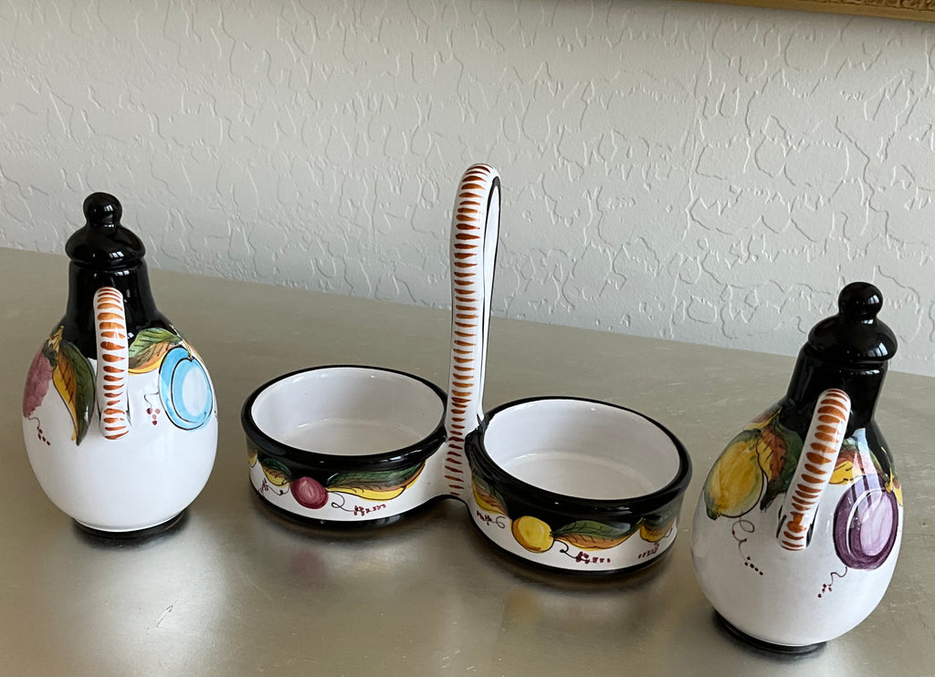 Authentic Tuscany Italian Artist Ter. Fravolini Black & Yellow 5 Piece Cruet Set