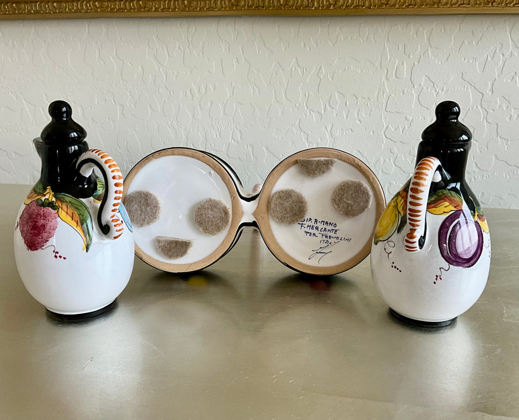 Authentic Tuscany Italian Artist Ter. Fravolini Black & Yellow 5 Piece Cruet Set