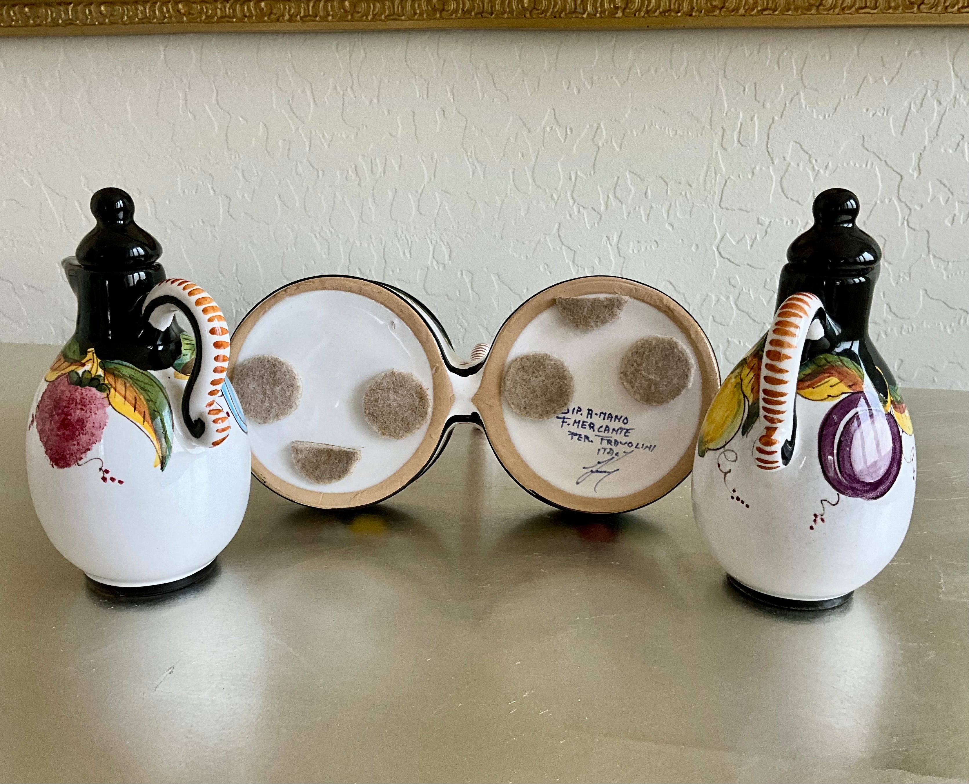 Authentic Tuscany Italian Artist Ter. Fravolini Black & Yellow 5 Piece Cruet Set