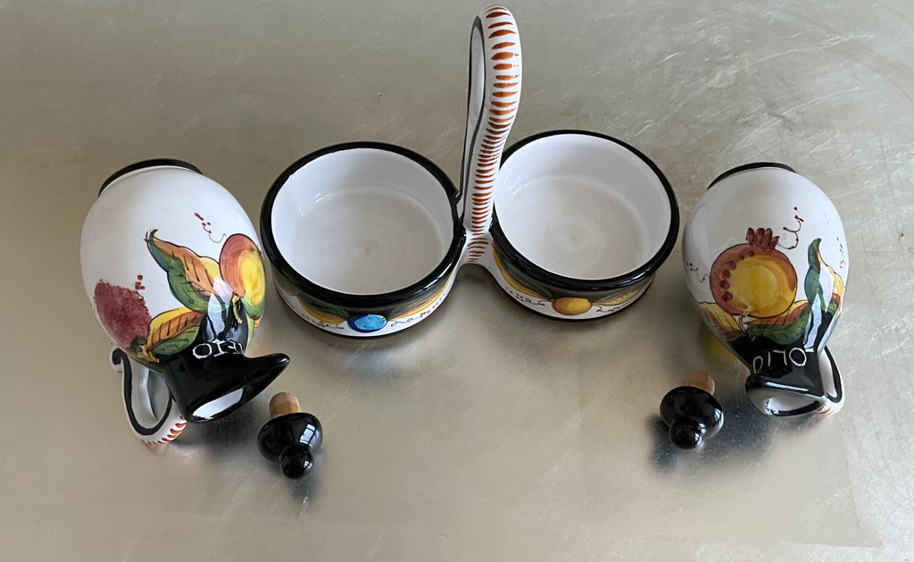 Authentic Tuscany Italian Artist Ter. Fravolini Black & Yellow 5 Piece Cruet Set