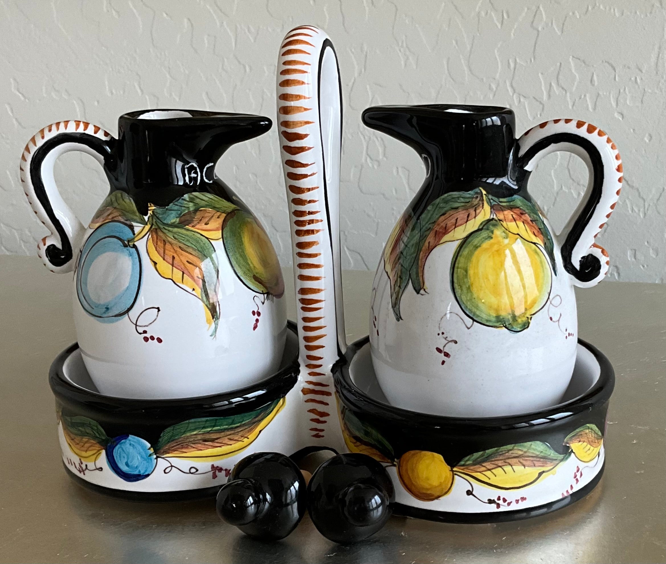 Authentic Tuscany Italian Artist Ter. Fravolini Black & Yellow 5 Piece Cruet Set