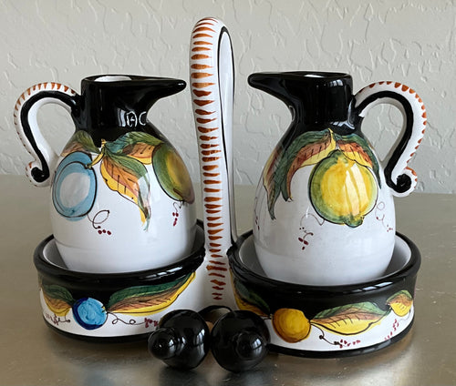 Authentic Tuscany Italian Artist Ter. Fravolini Black & Yellow 5 Piece Cruet Set