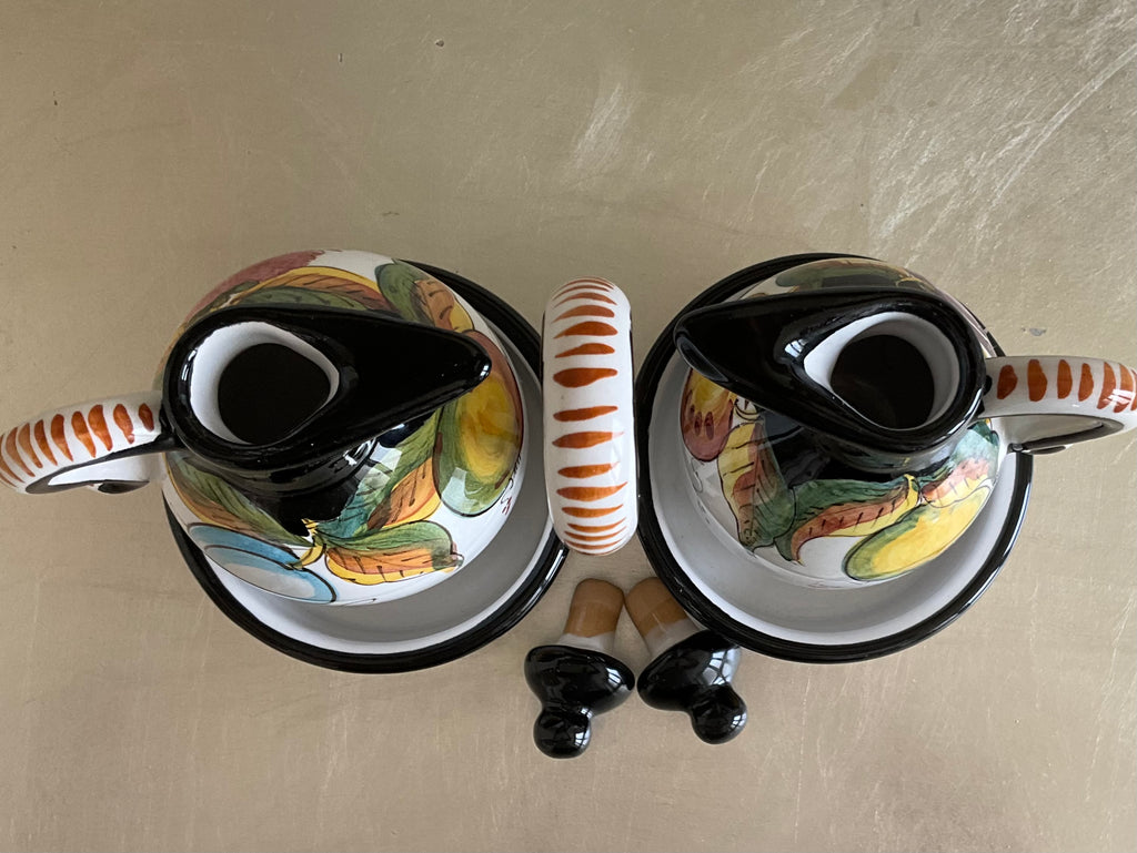 Authentic Tuscany Italian Artist Ter. Fravolini Black & Yellow 5 Piece Cruet Set