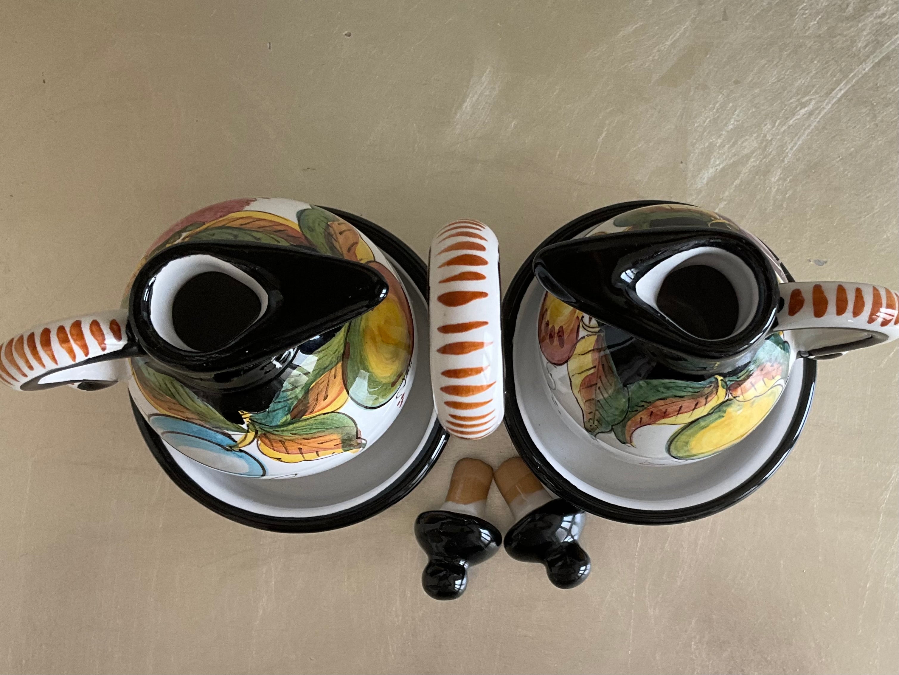 Authentic Tuscany Italian Artist Ter. Fravolini Black & Yellow 5 Piece Cruet Set