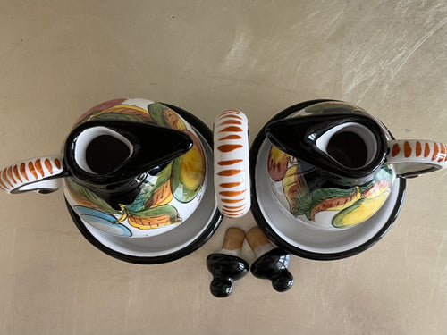 Authentic Tuscany Italian Artist Ter. Fravolini Black & Yellow 5 Piece Cruet Set