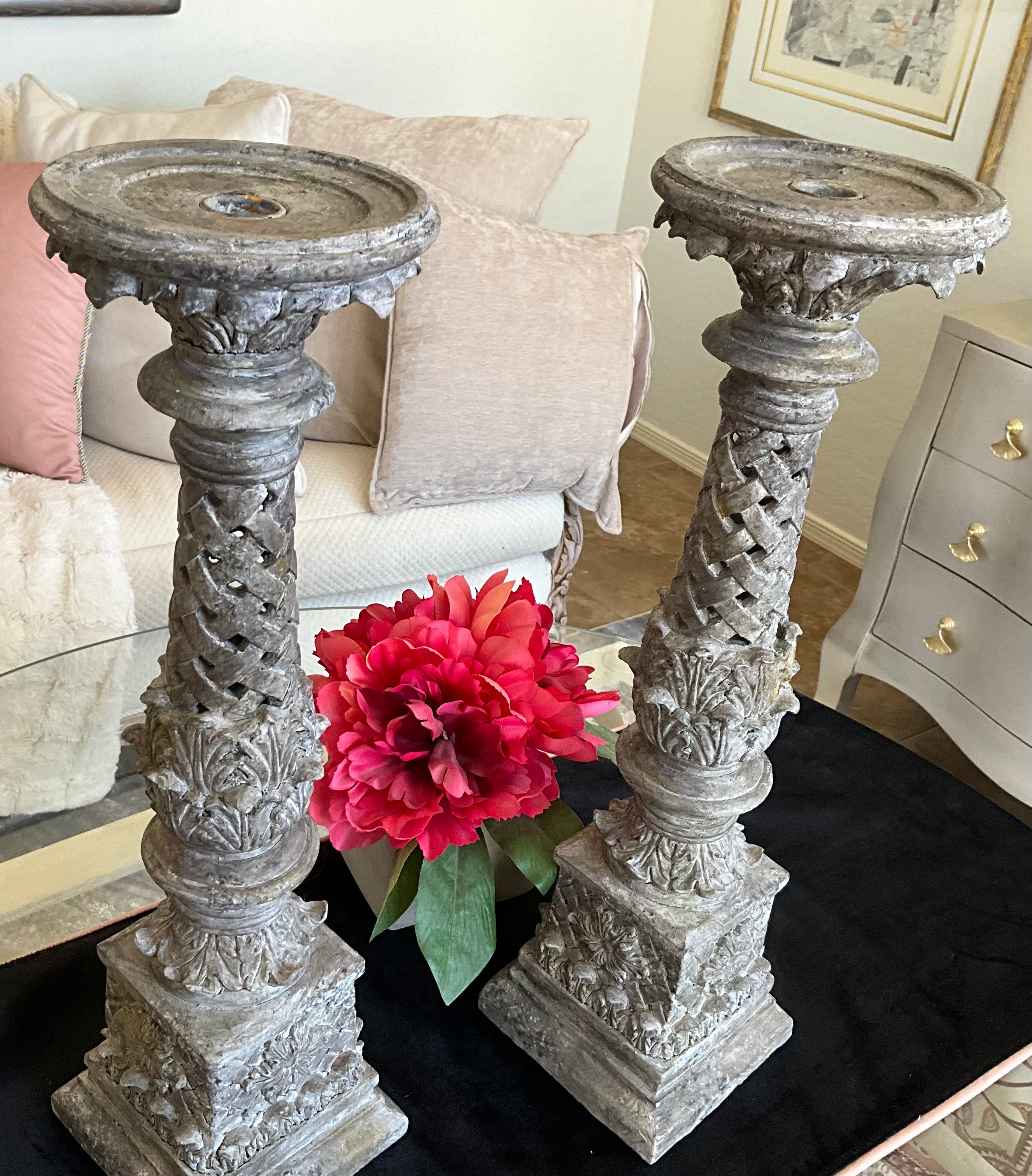 Vintage Raz Authentic Collectible 18” Matched Pair Heavy Pedestal Pillars