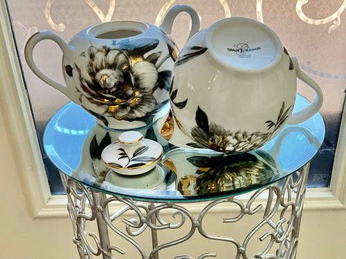 Grace Teaware Cream & Sugar, Black Gold Peony Collection