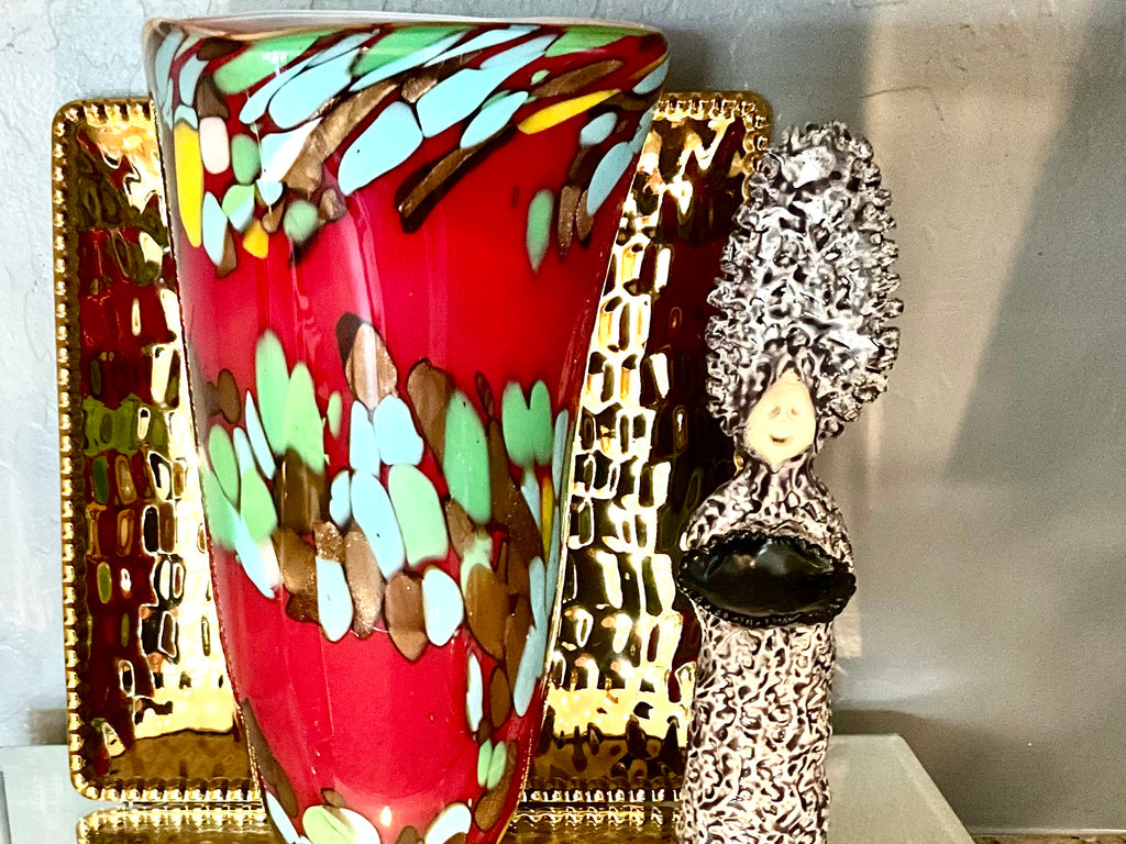 Vintage Murano Style 12” Art Glass Vase, Heavy Red Confetti Mace, Italy
