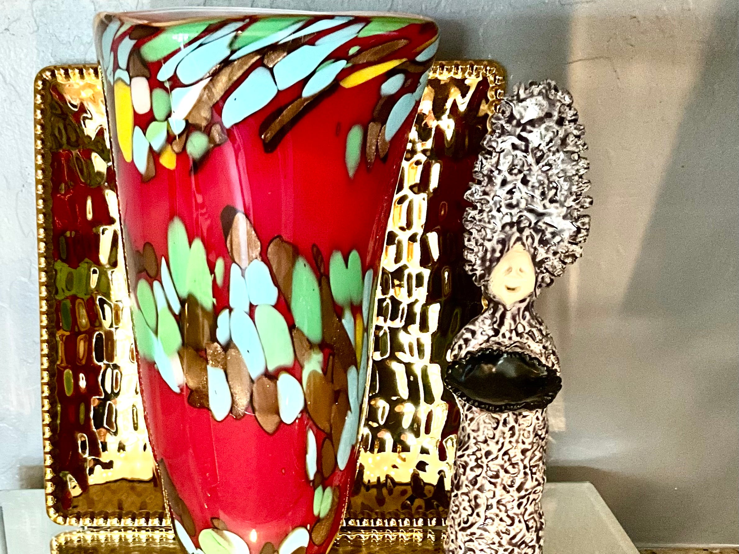 Vintage Murano Style 12” Art Glass Vase, Heavy Red Confetti Mace, Italy