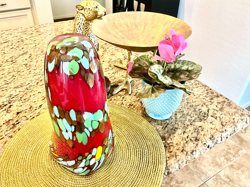 Vintage Murano Style 12” Art Glass Vase, Heavy Red Confetti Mace, Italy