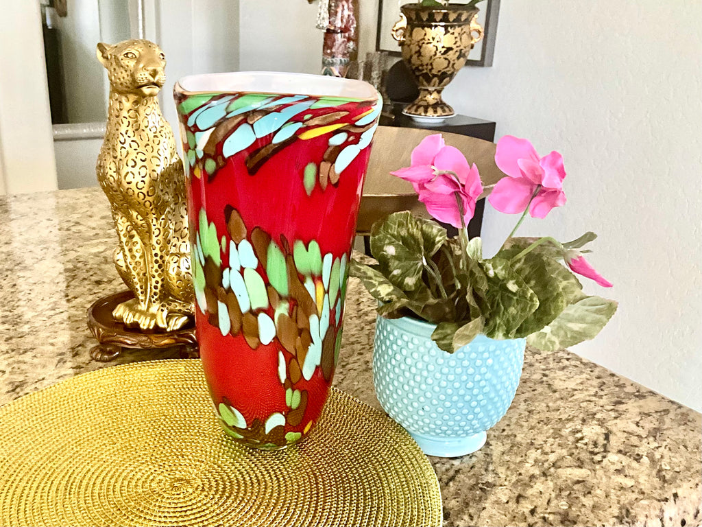 Vintage Murano Style 12” Art Glass Vase, Heavy Red Confetti Mace, Italy