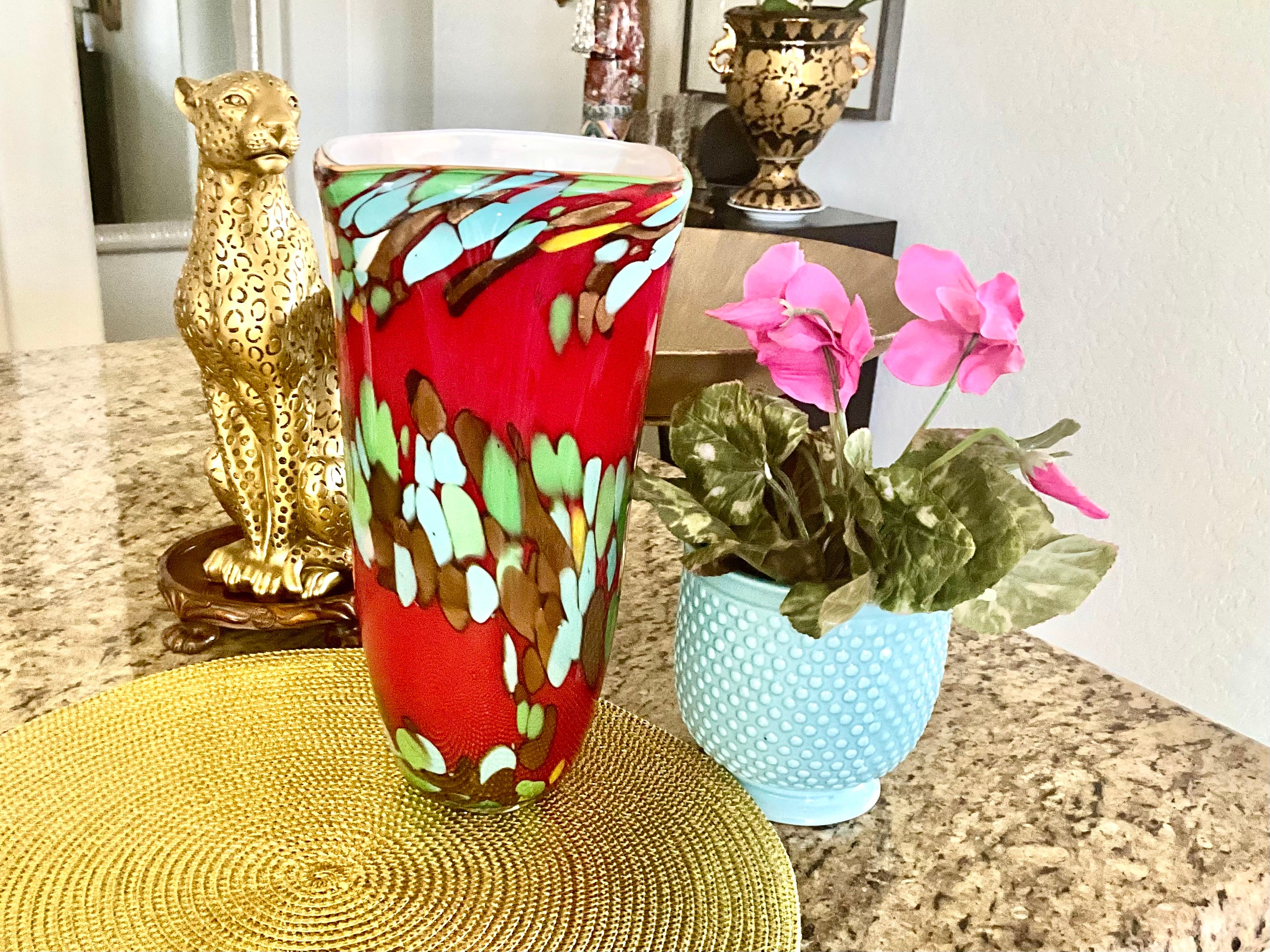 Vintage Murano Style 12” Art Glass Vase, Heavy Red Confetti Mace, Italy