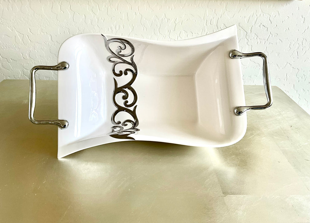 Vintage MCM Porcelain Server, Distinct Scroll Ornamentation