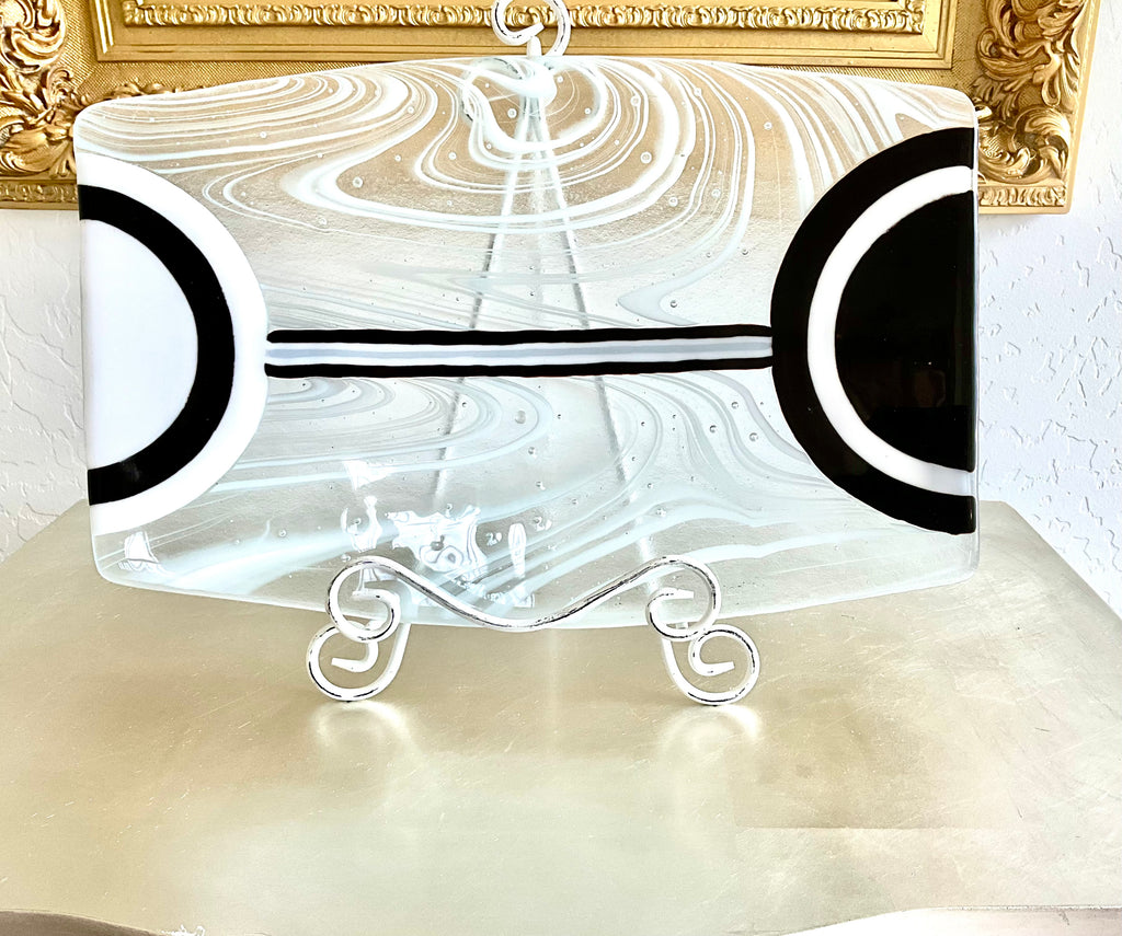 Black & White Swirl Fused Art Glass Platter – 17in Modern Serving Tray