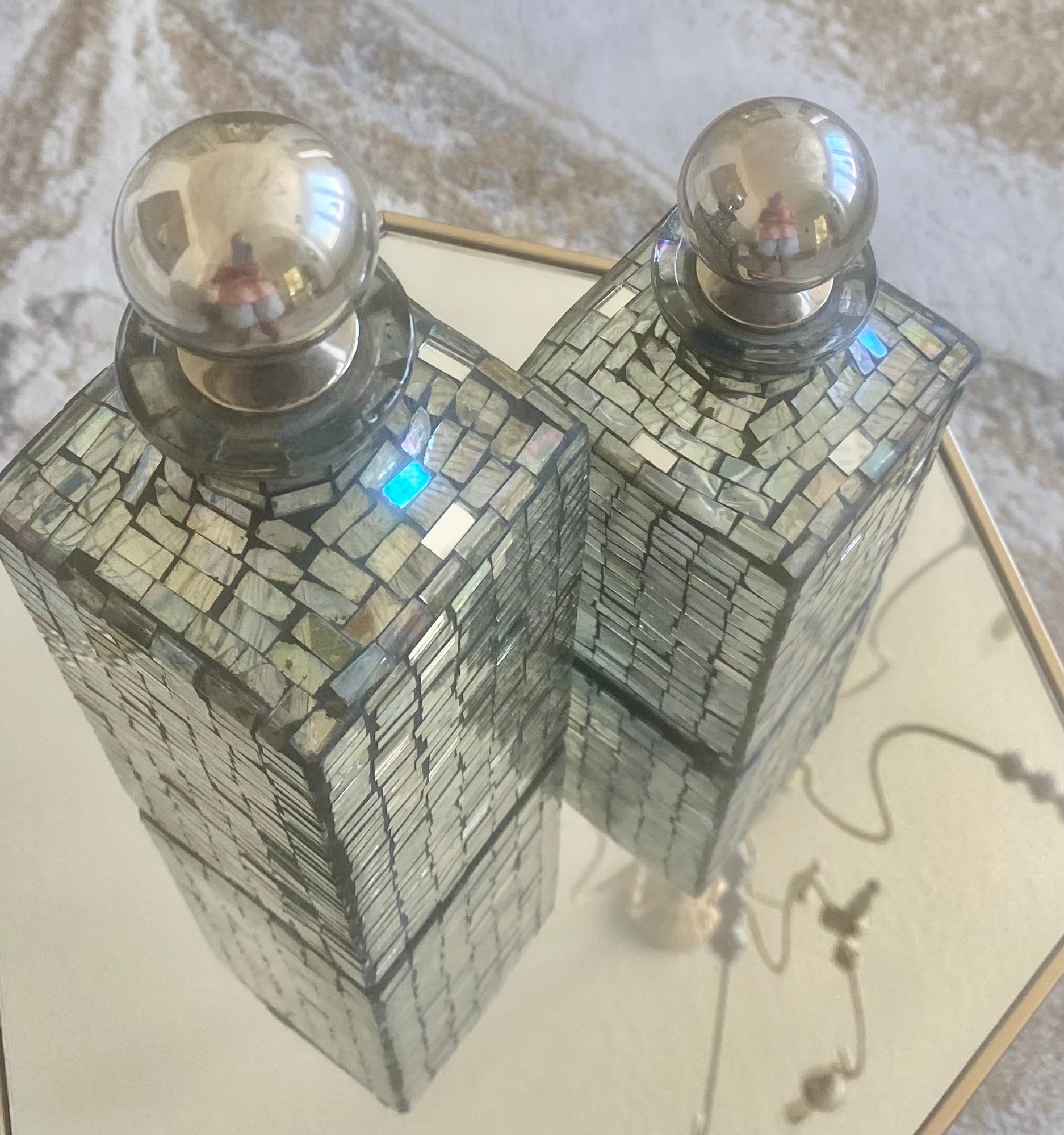 Iridescent Mosaic Decanters, Hollywood Regency