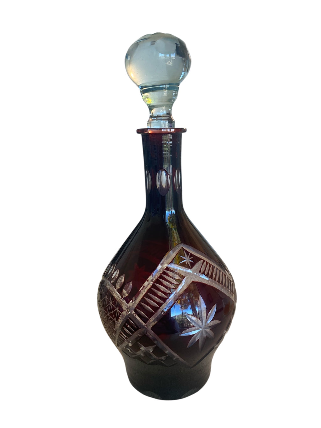 Vintage Bohemian Ruby Red Cut-to-Clear Crystal Decanter, 1950s Czech Republic