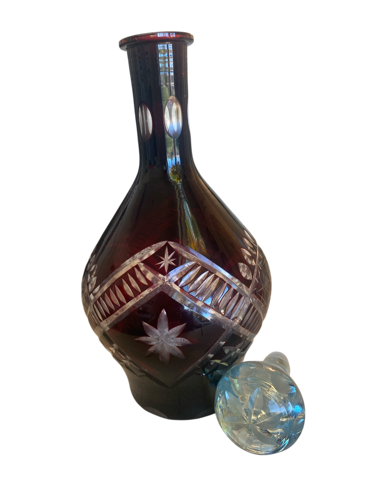 Vintage Bohemian Ruby Red Cut-to-Clear Crystal Decanter, 1950s Czech Republic