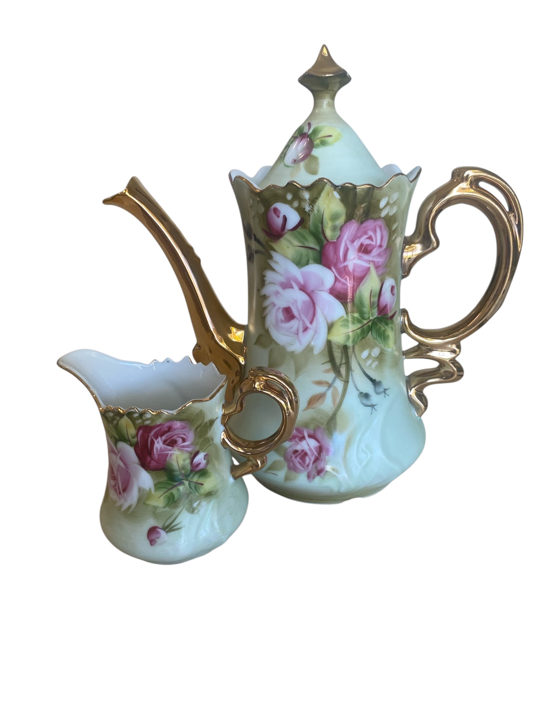 Vintage Lefton Coffee Pot and Creamer, Heritage Collection, Floral Design