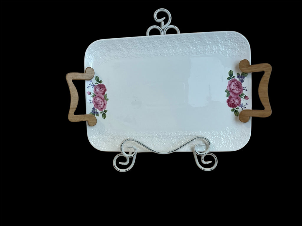 Vintage Pink Rose Embossed Glazed White Porcelain Platter, Wooden Handles