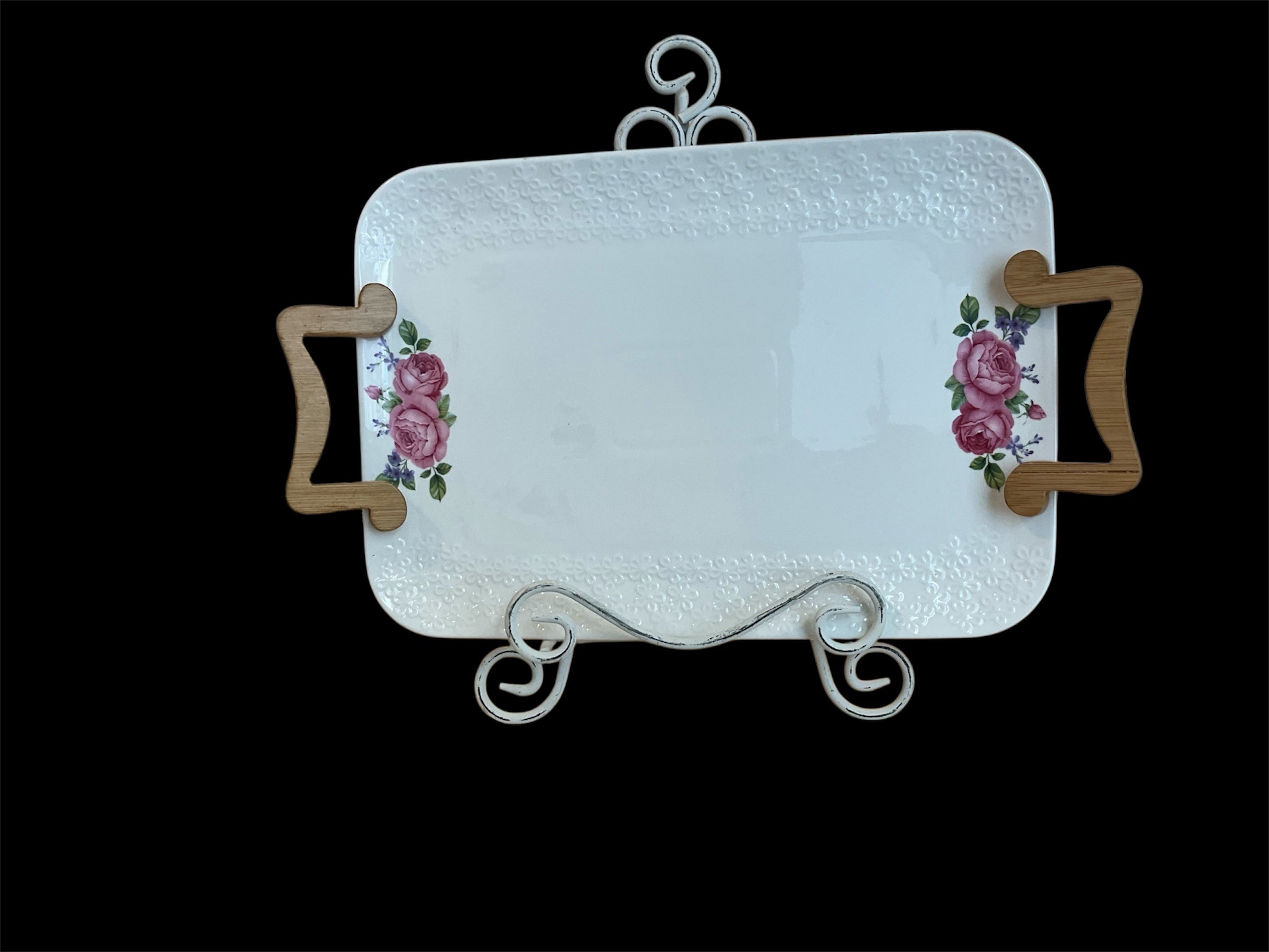 Vintage Pink Rose Embossed Glazed White Porcelain Platter, Wooden Handles
