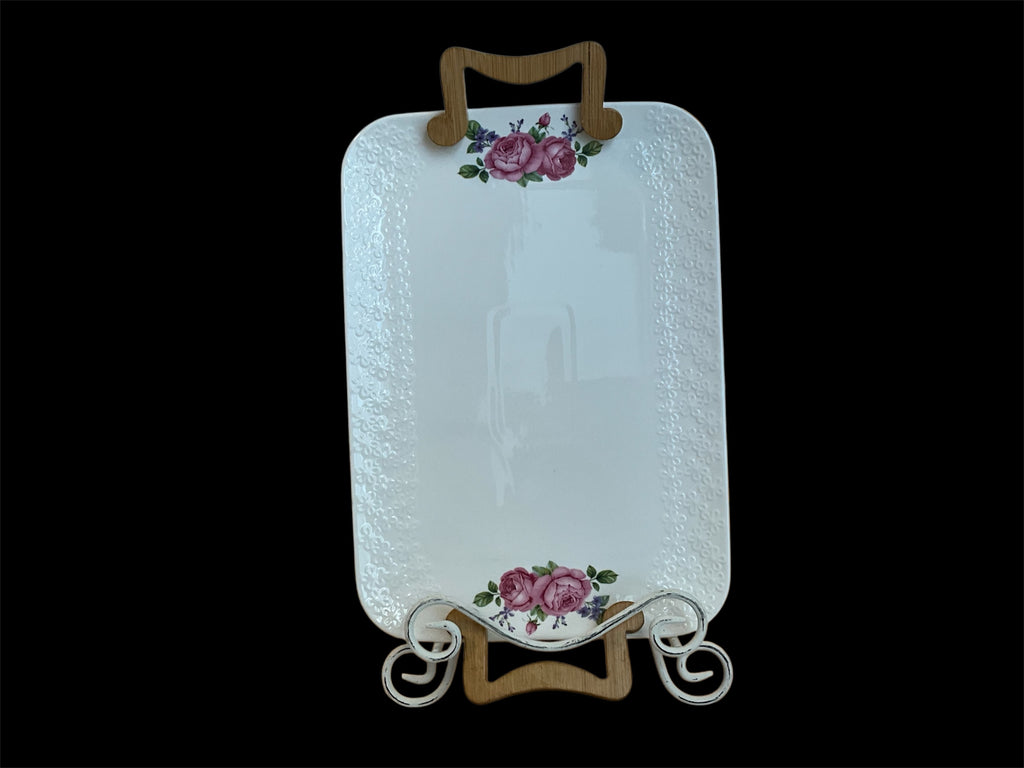 Vintage Pink Rose Embossed Glazed White Porcelain Platter, Wooden Handles