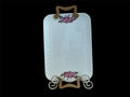 Vintage Pink Rose Embossed Glazed White Porcelain Platter, Wooden Handles