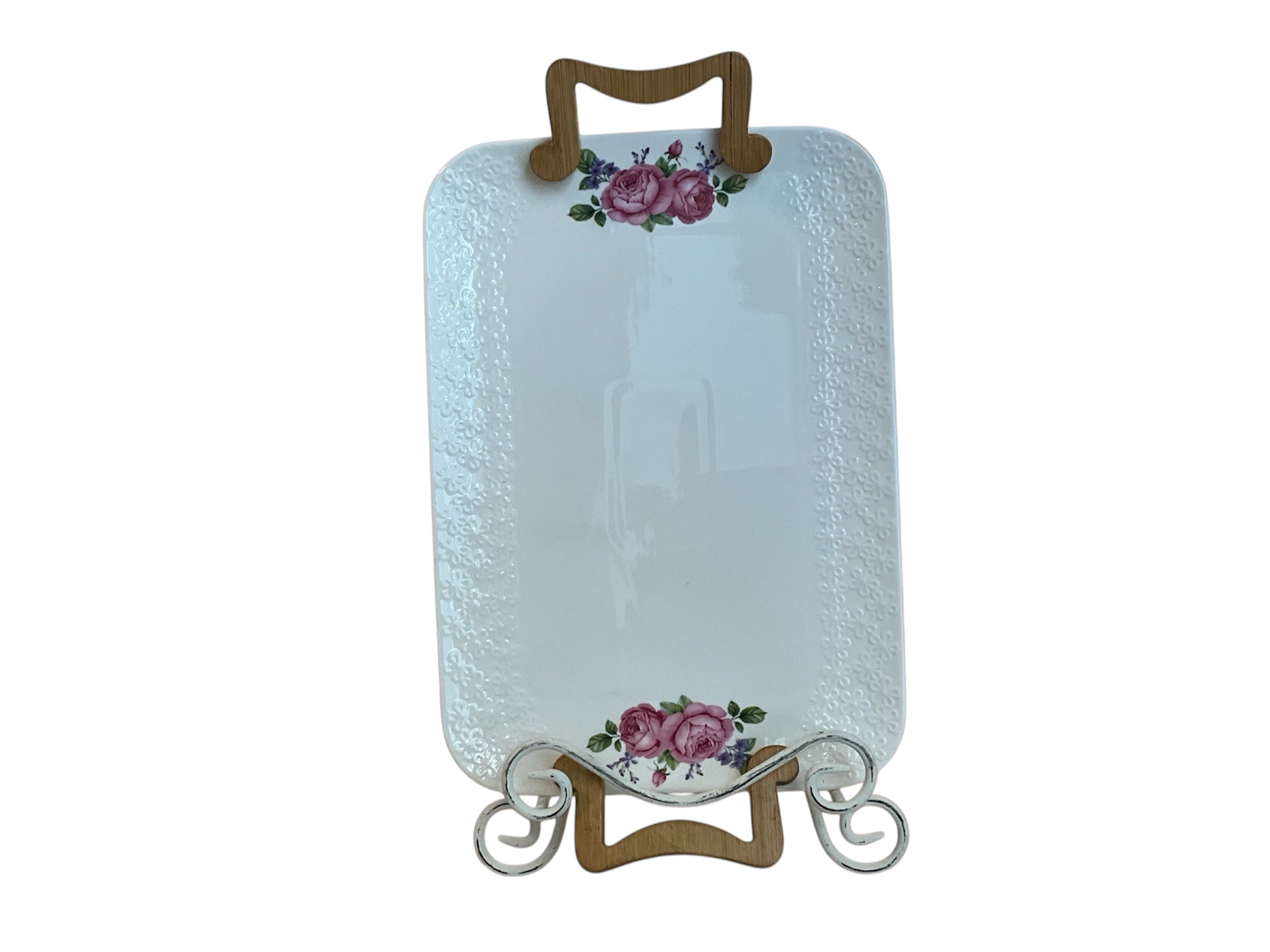 Vintage Pink Rose Embossed Glazed White Porcelain Platter, Wooden Handles