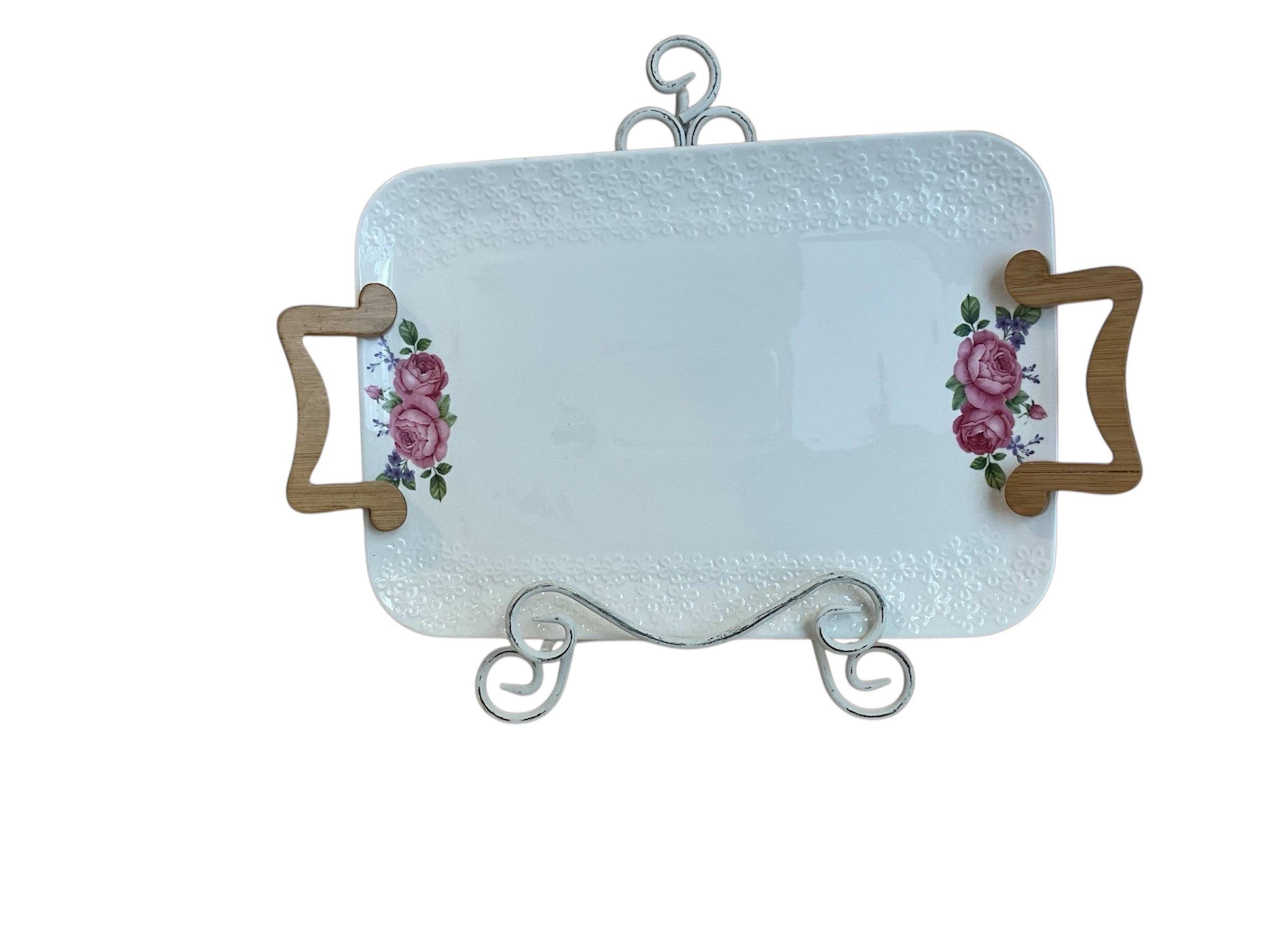 Vintage Pink Rose Embossed Glazed White Porcelain Platter, Wooden Handles